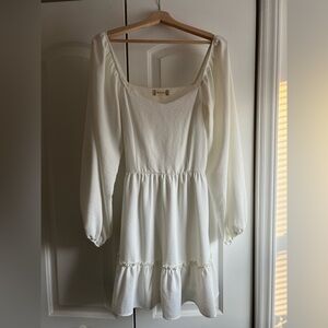 Altar'd State White White Puff Sleeves Square Neckline Mini Tiered Dress